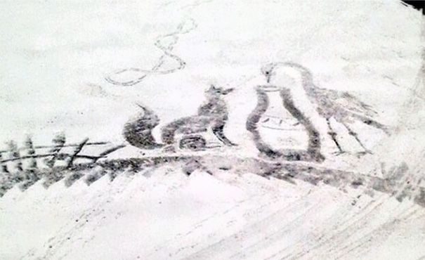 Школьный дворник рисует картины на снегу, чтобы принести радость детям