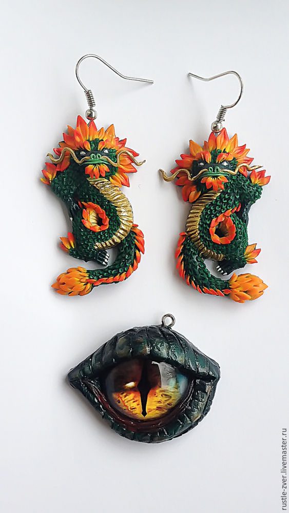 Серьги «Изумрудные драконы» из полимерной глины
