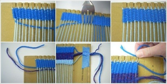 Плетём коврик при помощи картона и вилки